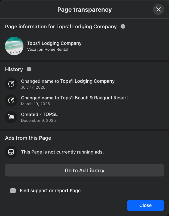 Facebook Page Transparency dialog for the duplicate Tops'l Lodging Company page showing creation December 9, 2025 and two renames